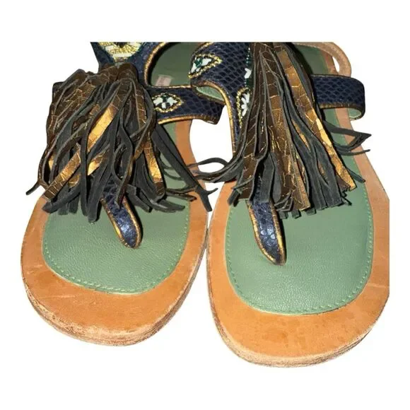 Meher Kakalia Sofia Thong Sandal Sz EU 38 US 7 Leather Tassel Embellished Beaded